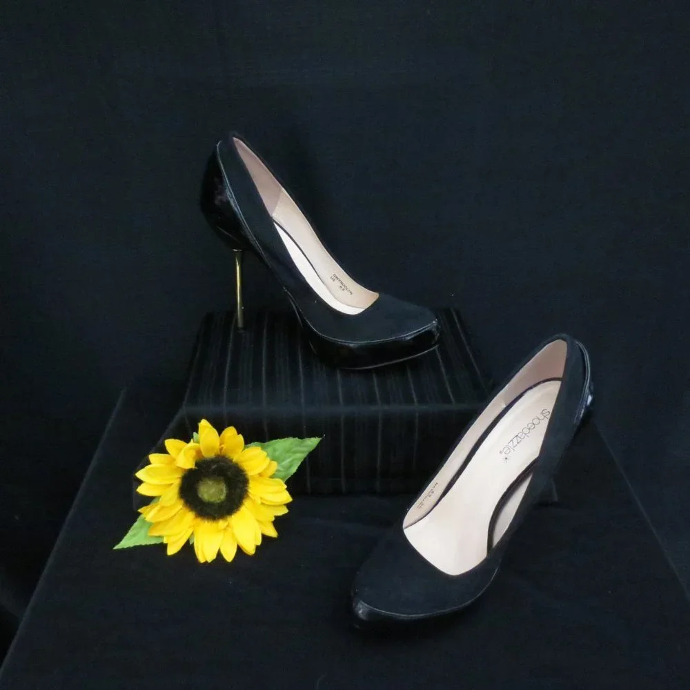 Shoedazzle Gwendolyn Shoes Black Patent Gold Platform Stiletto Pumps Size 8.5